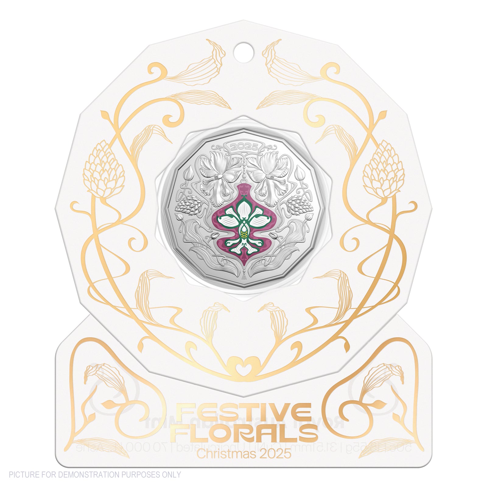 2025 RAM 50c Coloured Uncirculated Coin - Christmas Festive Florals - WHITE Packaging